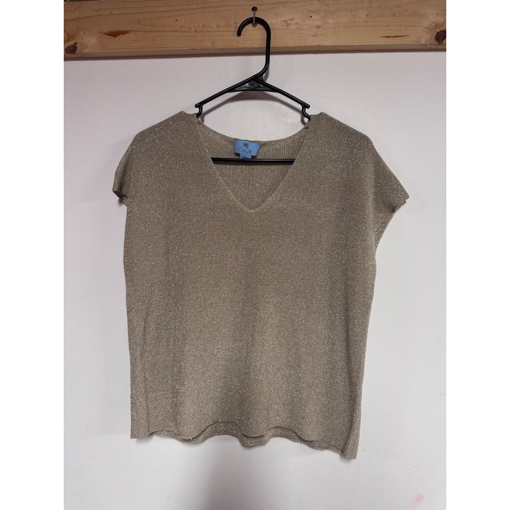 CeCe Metallic Knit V-Neck Sweater Top Champagne Gold Cap Sleeve Womens Large